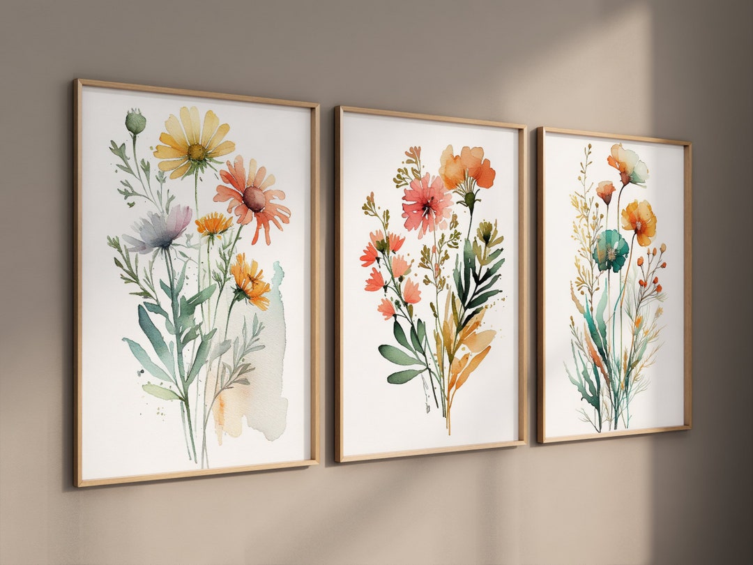 Set of 3 Prints, Watercolor Printable Wall Art, Flower Prints, Print ...