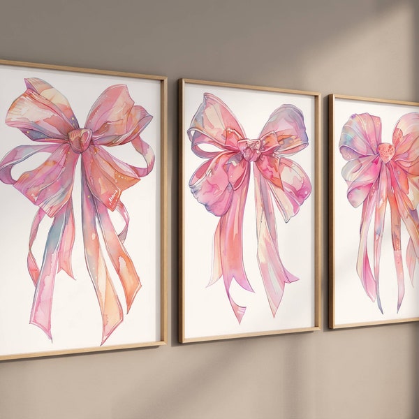 Pink Bow Prints Set of 3, Preppy Wall Art, Trendy Teen Room Decor, Nursery Wall Art, College Apartment Decor, Girly Wall Art Pastel Print