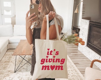 It's Giving Mom Tote: Valentines Day Heart Mom Canvas Reusable Bag