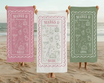 Custom Bachelorette Beach Towel Personalized Margs and Matrimony Bachelorette Party Pool Towel Custom Bridal Party Gift Coastal Bachelorette