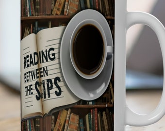 Taza de café de cerámica blanca con mango en forma de C - Lectura entre sorbos - 15 oz. Capacidad - Apto para microondas y lavavajillas - Cerámica brillante