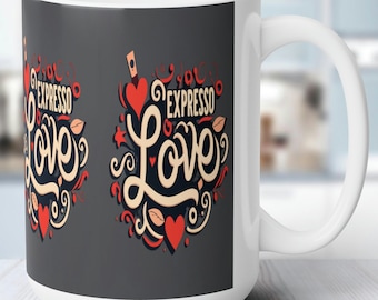 Taza de café Expresso Love - Cerámica blanca - 15 oz (0,44 l) - Esquinas redondeadas - Mango en C - Sin plomo ni BPA