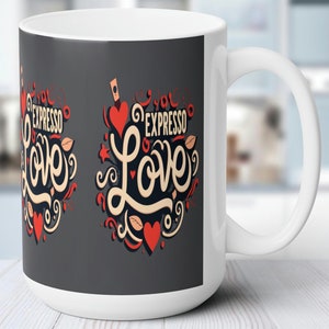 Kubek do kawy Expresso Love - biały ceramiczny - 15 uncji (0,44 l) - zaokrąglone rogi - uchwyt w kształcie litery C - bez ołowiu i BPA