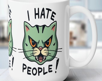 Taza de cerámica I Hate People" Cat Lover de 15 oz, sin plomo ni BPA, apta para microondas y lavavajillas
