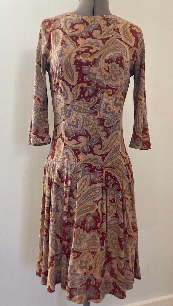 1970s Paisley Knit Drop Waist Dress - image 1