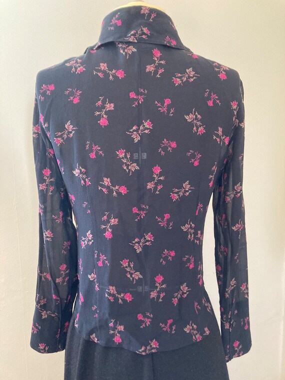 Express Black Silk Blouse with Rose Pattern Print… - image 2