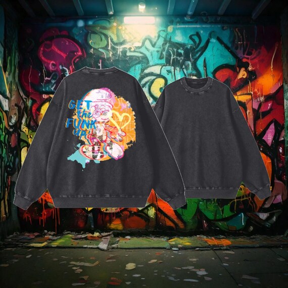 Acid Wash Oversized Sweatshirt – Smurf Print Streetwear