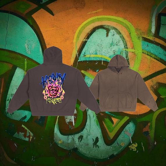 Hand-Frayed Sunfade Zip Up Hoodie – Graffiti Art Print, Cotton