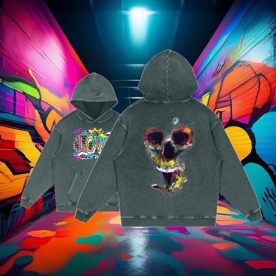 Acid Wash Oversize Hoodie - skeleton graffiti print.