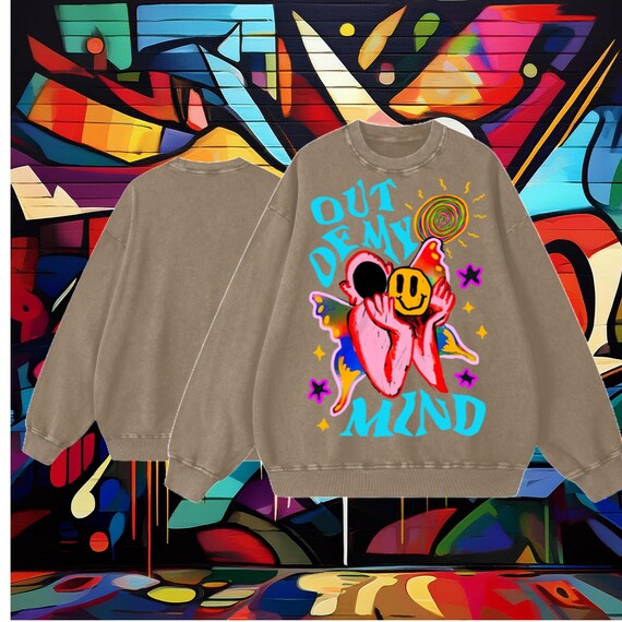 Acid Wash Oversized Sweatshirt – "Out of My Mind" Print, 100% Cotton
