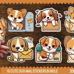 Peut inclure: Ensemble de dix autocollants numériques représentant de mignons chiens de dessin animé en train de livrer du courrier. Les chiens sont dans différentes poses, tenant des enveloppes et se tenant près de boîtes aux lettres. Les autocollants sont dans un style cartoon avec des couleurs vives et des lignes simples. Le texte "10 CUTE DOG MAIL STICKERS BUNDLE" et "300 DPI PNG" est en bas de l'image.