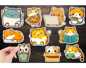 Kawaii Cat Stickers Png, Cute Printable Sticker Sheet Digital Download