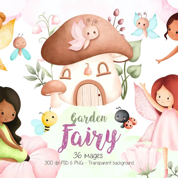 Fairy Garden Watercolor Clipart Enchanted Forest | Garden Fairy and Plants Clipart | Digital Download