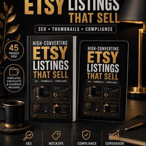 May include: A book and tablet with the title "High-Converting Etsy Listings That Sell" in gold and white text. The book and tablet are on a dark surface with a black mug and a pen. The image includes the text "SEO + Thumbnails + Compliance".