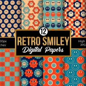 Set Of 12 Retro Happy Smiley Face Digital Paper Pack, Retro Textures Paper,Smiley Faces Printable,Retro Background,Commercial Use