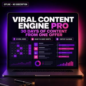 Peut inclure: Un écran d'ordinateur affiche l'interface Viral Content Engine Pro avec le texte 30 Days of Content From One Offer. Le tableau de bord présente un calendrier de 30 jours, des icônes pour les hooks, des scripts et un calendrier de contenu.