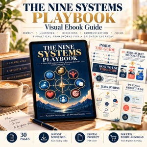 May include: A digital tablet displaying The Nine Systems Playbook Visual Ebook Guide with a central compass graphic surrounded by nine icons. Beside it are printed pages showing budget charts, a daily planner, and the text 30 Pages Digital Download.