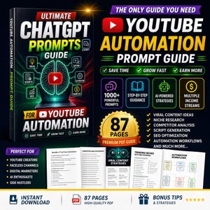 Peut inclure: Couverture de livre pour un "Guide d'invite d'automatisation YouTube" intitulé "Ultimate ChatGPT Prompts Guide". La couverture présente un ordinateur portable avec un graphique de cerveau, le logo YouTube et des icônes. Le guide promet de gagner du temps, de croître rapidement et de gagner plus.