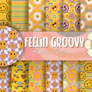 Happy Smiley Digital Paper, Seamless Retro Face Pattern Pack