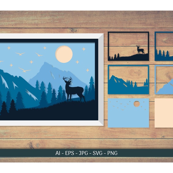 Mountain and Deer Landscape 3D Shadow Box Svg | Mountain and Deer Landscape Layered Papercut | 3D SVG Shadow box | SVG File Mountain and Deer Landscape 3D Shadow Box Svg | Mountain and Deer Landscape Layered Papercut | 3D SVG Shadow box | SVG File