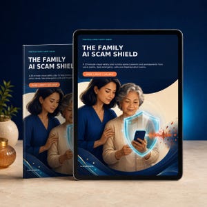 May include: A digital tablet and a printed guide titled THE FAMILY AI SCAM SHIELD. The cover features an illustration of two individuals looking at a smartphone protected by a glowing blue shield icon, with text detailing a 20-minute visual safety plan.