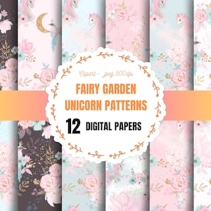 Unicorn Fairy Garden Digital Paper and Clipart, Seamless Pattern PNG JPG