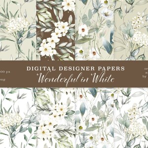 Watercolor Greenery and white flowers, Flower digital paper Bundle, Flower Seamless Pattern
