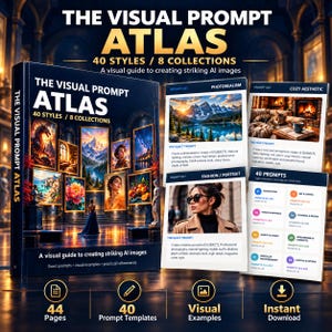 May include: A black book titled The Visual Prompt Atlas with the subtitle 40 Styles / 8 Collections, A visual guide to creating striking AI images. The cover features a gallery of colorful digital art prints and a statue.