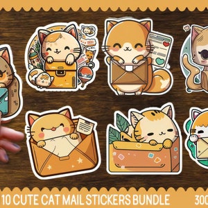 Peut inclure: Un ensemble de 10 autocollants de courrier de chat mignons. Les autocollants présentent des chats de dessin animé dans diverses poses, tenant des enveloppes et des colis. Les autocollants sont parfaits pour ajouter une touche de fantaisie à votre courrier, vos journaux ou autres travaux manuels.