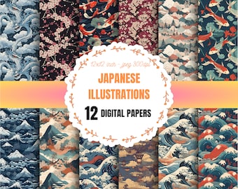 May include: Twelve digital papers featuring Japanese illustrations. The papers include designs of cherry blossoms, mountains, waves, and koi fish. Each paper is 12x12 inches and 300 dpi.