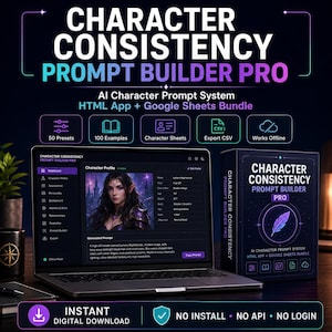 Peut inclure: Un ensemble de produits numériques intitulé Character Consistency Prompt Builder Pro, comprenant un ordinateur portable ouvert affichant une interface de profil de personnage et une boîte physique assortie. Le design utilise des tons violet foncé et noir.