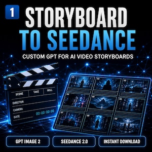 Peut inclure: Graphique numérique promouvant "Storyboard to Seedance" pour les storyboards vidéo IA. Il présente un clap de cinéma, une grille de panneaux de storyboard et le texte "Custom GPT for AI Video Storyboards."