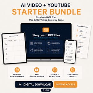 Peut inclure: Un kit de démarrage pour vidéo IA et YouTube comprenant un ordinateur portable, une tablette et un smartphone affichant des fichiers GPT de storyboard et des flux de travail. Le graphique inclut des étiquettes pour un planificateur YouTube.