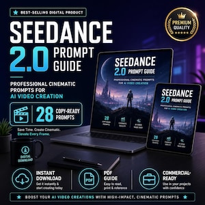 Peut inclure: Image promotionnelle pour le "Seedance 2.0 Prompt Guide", un produit numérique. L'image présente un ordinateur portable et une tablette affichant la couverture du guide, une tasse noire et un carnet. Le guide propose des invites cinématographiques professionnelles pour la création de vidéos IA.