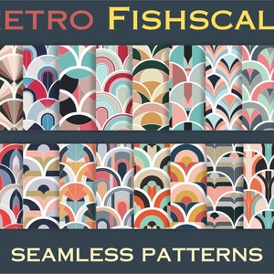 May include: A set of 24 seamless patterns featuring retro fish scale designs in various colours and geometric shapes. The patterns are arranged in two rows of 12, with the text "RETRO FISHSCALE" at the top and "SEAMLESS PATTERNS" at the bottom.