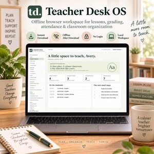 Peut inclure: Un ordinateur portable affichant l'interface Teacher Desk OS, avec un tableau de bord pour la planification des cours, la notation et l'assiduité. L'écran montre un emploi du temps et une liste de tâches, entouré d'un carnet et d'un mug.