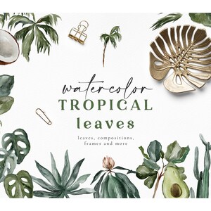 Tropical Leaves Clipart Png, Watercolor Greenery Palm Leaf Bundle