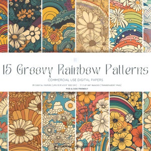 Peut inclure: Un ensemble de 15 papiers numériques avec des motifs arc-en-ciel groovy et des fleurs. Les papiers mesurent 29,2 cm x 34,3 cm et 300 DPI. Ils sont parfaits pour créer des projets numériques et imprimés.