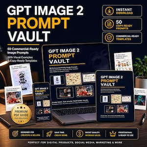 Peut inclure: Publicité pour un produit numérique affichant un ordinateur portable, une tablette et un smartphone avec le texte "GPT IMAGE 2 PROMPT VAULT". Elle promeut 50 invites d'images prêtes à l'emploi avec des exemples visuels et des modèles prêts à copier. Le texte inclut "Téléchargement instantané".