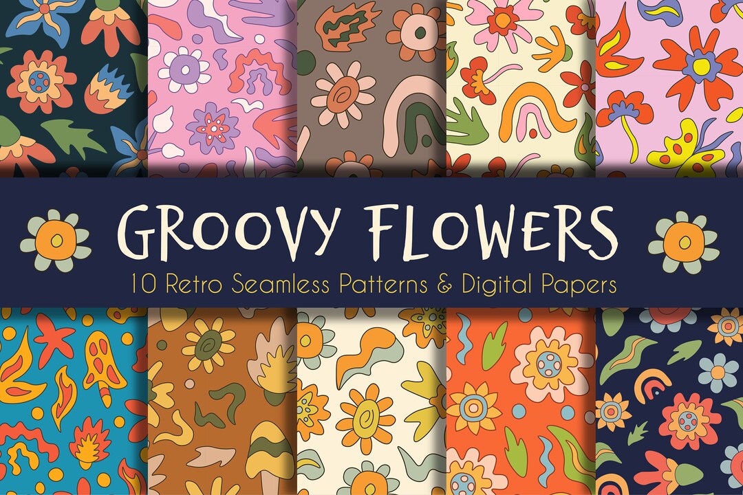 Groovy Flowers Retro Patterns | Printable Digital Paper | Retro Digital ...