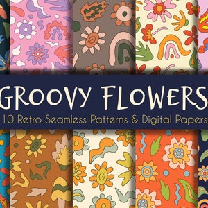 Groovy Flowers Retro Patterns | Printable Digital Paper | retro digital papers | seamless patterns