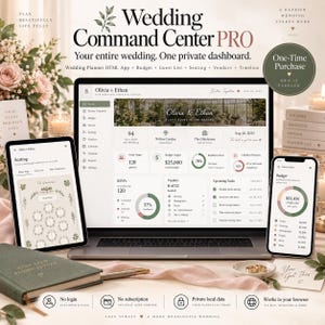 Può includere: Un pannello di controllo digitale per l'organizzazione di matrimoni visualizzato su laptop, tablet e smartphone. L'interfaccia Wedding Command Center PRO mostra sezioni per budget, lista invitati, posti a sedere e fornitori in toni verdi.