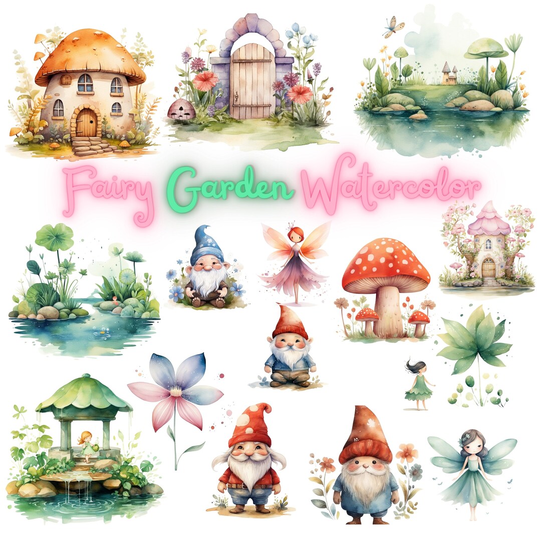 Fairy Garden Watercolor Clipart Enchanted Forest Dwarf Fairy Plant ...