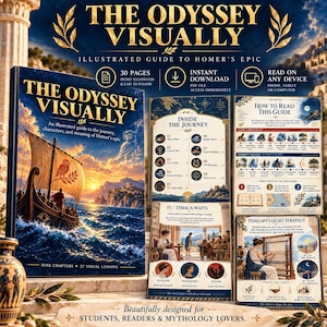 May include: A digital guide titled The Odyssey Visually, featuring an illustrated cover of a Greek ship at sea, a table of contents page titled Inside the Journey, a How to Read This Guide page, and a page detailing Penelope's Quiet Strategy.