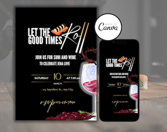 Wine and sushi dinner invitation, Wine dinner party, sushi dinner party invitation, Wine Tasting Invitation, Digital Dinner party invitation