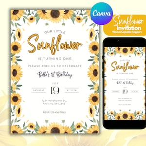 Pretty Birthday Party Invitation, Flower Birthday Invite, First Birthday Invitation, Editable Printable Invitation, Birthday, Sunflower