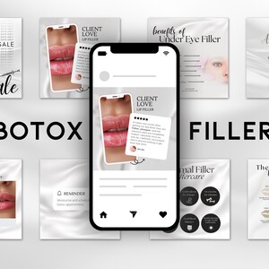 ボトックスとフィラーの Instagram、スキンケアの Instagram テンプレート、看護師の注射器のテンプレート、ボトックスのテンプレート、メディスパのテンプレート、Canva のテンプレート バンドル