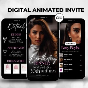 Digital Birthday Dinner invitation, Canva Template, Birthday Dinner, Birthday Party, Digital Invite, Editable Template, Text Evite, Women
