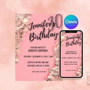 30th Birthday Invite Template Canva | 30 Birthday Party Digital Invitation, Happy 30th Birthday, Editable, Birthday Card Template,Invitation