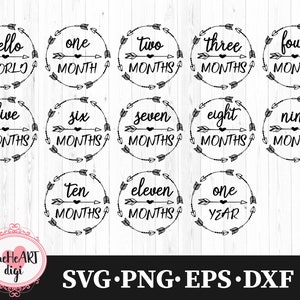 13 Baby monatlicher Meilenstein SVG, Baby Bundle SVG, süßer Baby Meilenstein SVG, Hallo Welt SVG, Pfeile runder Baby Meilenstein SVG, BB002